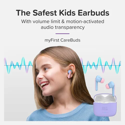 Miniatura 2 de myFirst Carebuds Auriculares para Niños - Auriculares Inalámbricos Bluetooth Verdaderos con Límite de Volumen de 85db, Micrófono, Estuche de Carga