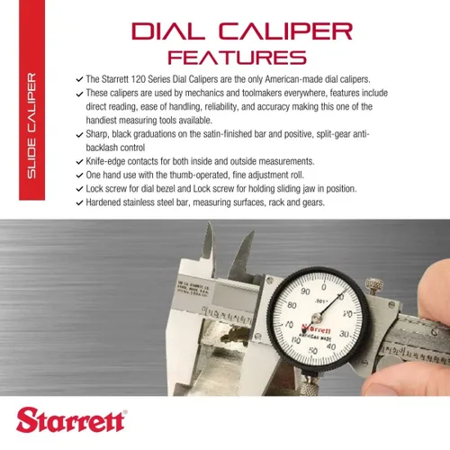 Miniatura 2 de Starrett Calibres deslizantes de dial serie 120 para una medición precisa sin estuche, cara blanca, rango de 0-9 pulgadas, graduación de .001