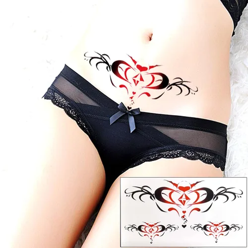 Miniatura 5 de Tatuajes temporales de ombligo sexy, 20 hojas, grandes, de encaje negro, rojo, abdomen, cintura impermeable, tatuajes para mujeres y niñas, tatuajes