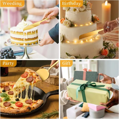 Miniatura 6 de Juego de cortar pasteles para bodas, servidor de tartas, cuchillo y servidor de acero inoxidable, cortador de pastel dorado para cumpleaños, fiestas