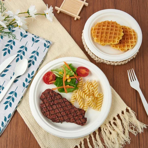 Miniatura 4 de ECOLipak Paquete de 120 platos de papel compostables, platos de papel desechables resistentes de 9 pulgadas y 7 pulgadas, caña de azúcar ecológica