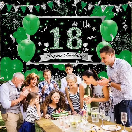 Miniatura 5 de Cartel verde de cumpleaños número 18 – Cartel grande plateado de feliz 18 para niños y niñas – 73 x 44 pulgadas