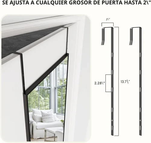 Miniatura 4 de Kosmonia - Espejo de puerta de longitud completa de 48x14 pulgadas de vidrio templado - Para colgar sobre la puerta, instalación sin perforación