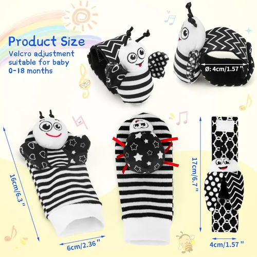 Miniatura 7 de Juguetes para bebés de 0 a 6 meses – Juego de calcetines de sonajero de muñeca de alto contraste para bebés de 3 meses, sonajeros sensoriales