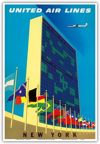 Miniatura 10 de United Nations Building New York - United Air Lines - Vintage Airline Travel Poster by Joseph Binder c.1957 - Master Art Print (Unframed) 6in x 9in
