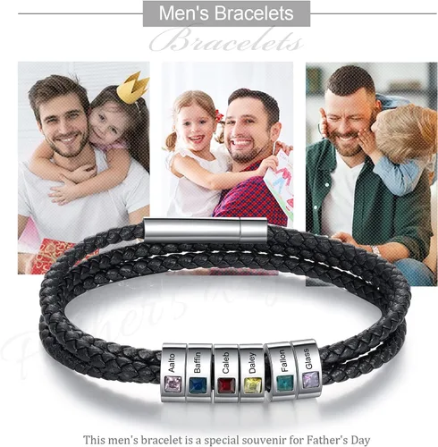 Miniatura 28 de Pulsera personalizada para el Día del Padre para hombre, pulseras personalizadas de cuero trenzado negro con cuentas grabadas de 1 a 8 nombres