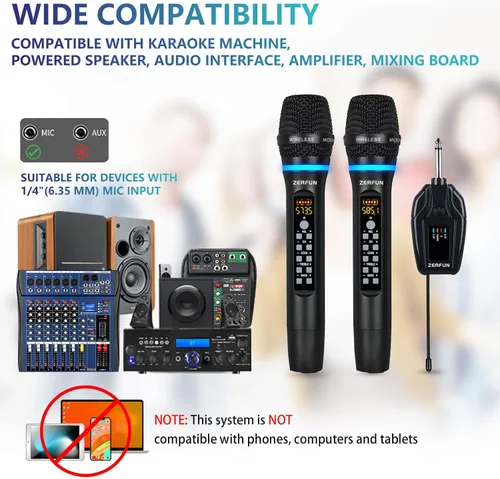 Miniatura 2 de Micrófonos inalámbricos duales recargables, sistema de micrófono inalámbrico de metal UHF micrófono inalámbrico profesional con control de eco