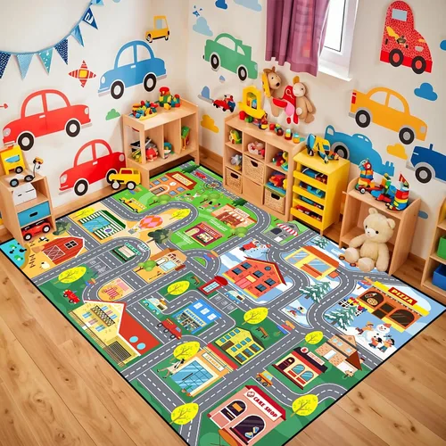 Miniatura 17 de Alfombras de construcción para habitación de niños de 2 x 3 pies, alfombra de juego para autos y camiones, alfombra de coche para niños, alfombra