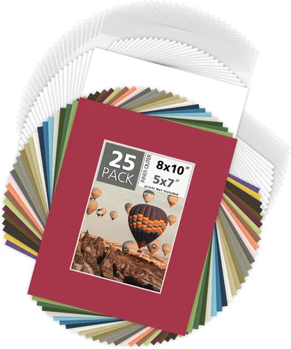 Mat Board Center, paquete de 25 alfombrillas fotográficas de 8 x 10 pulgadas + respaldo + bolsa, kit de exhibición de tablero precortado para fotos