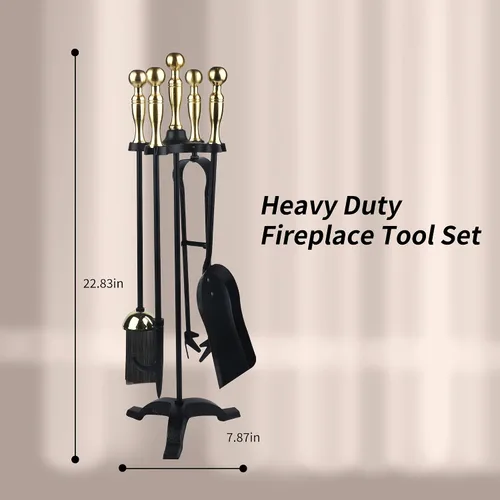 Miniatura 3 de Juego de herramientas para chimenea de 5 piezas con soporte, kit de herramientas de hierro forjado con póster, pinzas, pala, cepillo y base