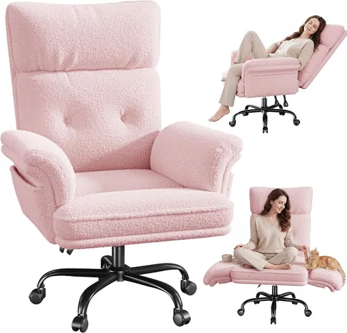 Miniatura 12 de DurayLoly Silla cruzada con ruedas y brazos, silla de tocador de felpa con bolsillos laterales, sillas de escritorio ajustables para oficina en Negro