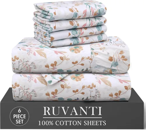 RUVANTI 6 Piezas Sábanas de Algodón - 100% Algodón Natural Suave, Ligeras y Transpirables Sábanas de Percal Crujiente, Sábanas de Cama Tamaño Full
