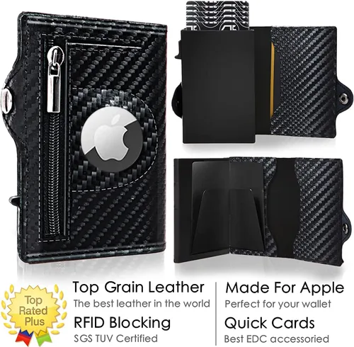 Miniatura 7 de Gemonklee Billetera emergente, soporte de aluminio para tarjetas de crédito con soporte para AirTag con cremallera RFID, cartera con clip