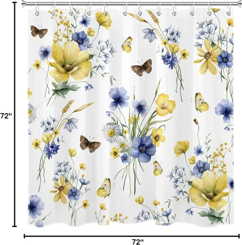 Miniatura 8 de HVEST Cortina de ducha floral azul y amarillo con ganchos, flores de primavera y mariposa sobre blanco, cortinas de ducha para decoración de baño