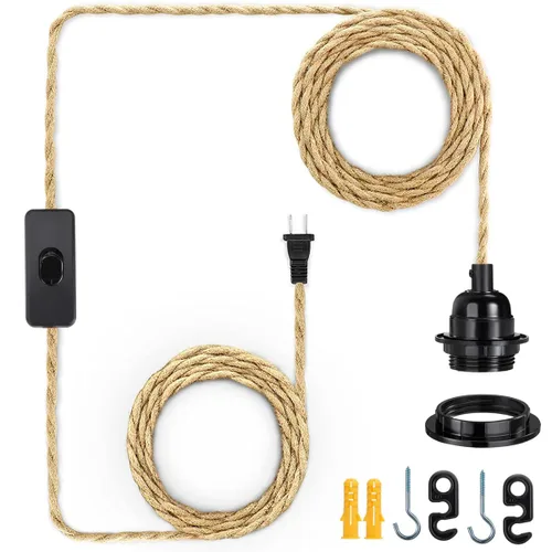Miniatura 12 de HESSION Paquete de 2 luces colgantes enchufables de 15 pies, cable de extensión negro con interruptor de encendido/apagado en línea, enchufe E26 E27
