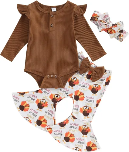Kuriozud Conjunto de mameluco con volantes para bebé recién nacida, con volantes, lindo conjunto de pantalones acampanados con diadema