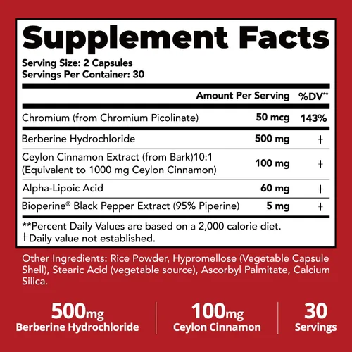 Miniatura 7 de Berberina HCL de 500 mg con canela de Ceilán, soporte metabólico 5 en 1 con BioPerine®, ALA y cromo, apoyo energético y bienestar, 60 cápsulas