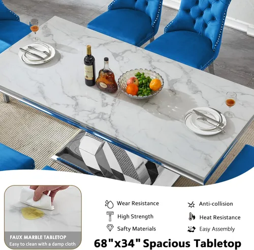 Miniatura 5 de Juego de mesa de comedor de mármol de lujo de 70 pulgadas para 4, juegos de mesa de cocina blanco y dorado para 4, mesa de comedor moderna de mármol