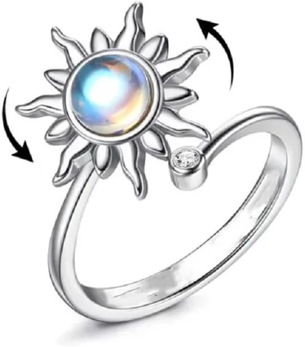 COLORFUL BLING Anillo giratorio ajustable para aliviar el estrés, diseño de flor y luna y estrella para aliviar el estrés, joyería apilable para
