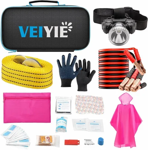 Kit de emergencia en carretera para automóvil con cables de puente, kit de primeros auxilios para automóvil, kit de emergencia para vehículos, kit