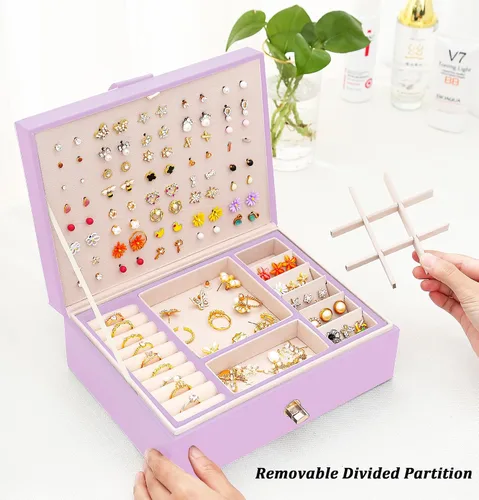 Miniatura 31 de Joyero de pendientes para mujeres y niñas, organizador de aretes de 5 capas, caja organizadora de joyas blanca con candado, collares y aretes