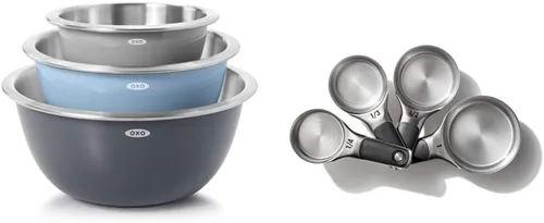 OXO Good Grips - Juego de cuencos de acero inoxidable de 3 piezas, color azul/gris, 4.7L y Good Grips 4 tazas medidoras de acero inoxidable con