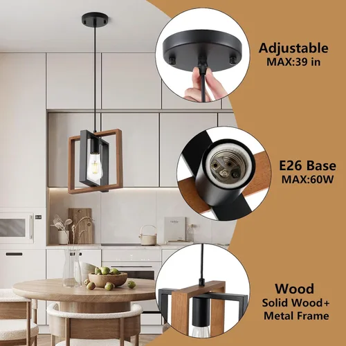 Miniatura 4 de 9MMML Iluminación colgante industrial pequeña, lámpara colgante de cocina estilo granja con cable, madera+metal, 1 luz E26 para comedor dormitorio