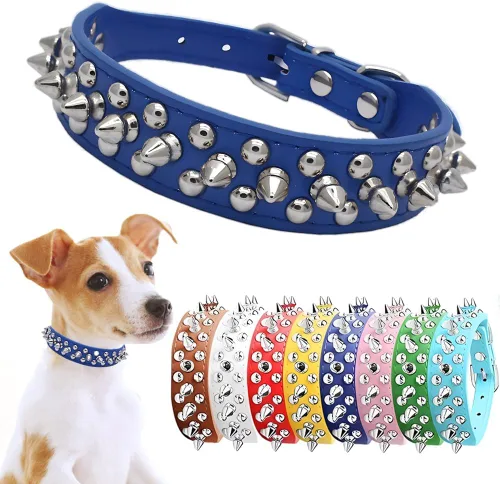 Miniatura 9 de Collar de perro con púas para perros grandes, a prueba de mordidas, collar de púas para perros y gatos, de cuero PU con tachuelas y remaches