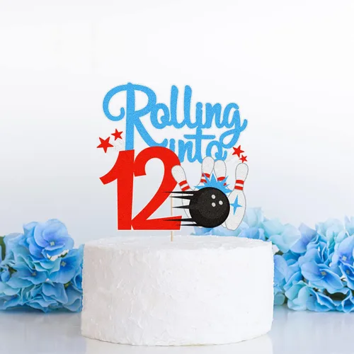 Miniatura 2 de Bowling Rolling Into 12 Happy 12th Birthaday - Decoración de pastel de bola de boliche de 12 cumpleaños con purpurina - Decoración de pastel