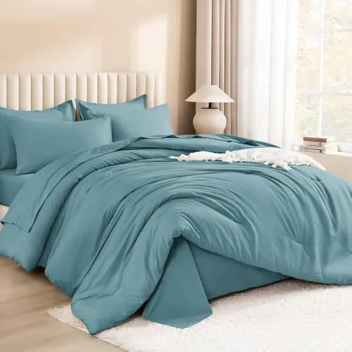 Miniatura 25 de Litanika Juego de ropa de cama con edredón tamaño matrimonial de 7 piezas en una bolsa color verde esmeralda oscuro - Juego de ropa de cama completo