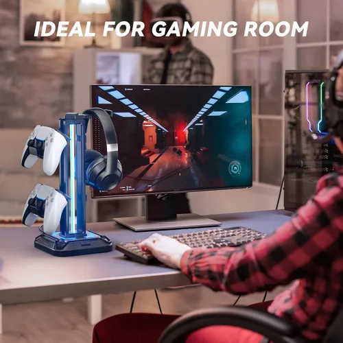 Miniatura 7 de KDD RGB Headset Stand with 9 Light Modes - Controller Holder for Desk - Rotatable Headphone Stand & Detachable Controller Hook for PC Earphone