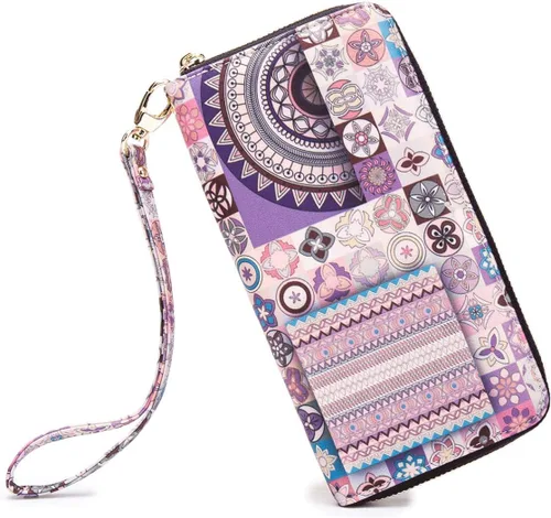 Miniatura 75 de Cartera de mano para mujer, estilo bohemio, con RFID, elegante, espaciosa con correa para viajes, capacidad para tarjetas, teléfono, dinero