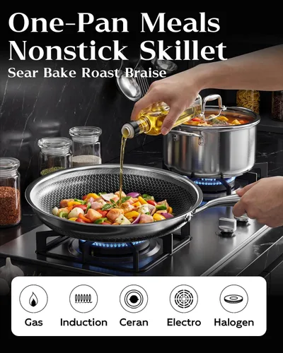 Miniatura 4 de Sartén antiadherente con tapa de 7 pulgadas, sartén de acero inoxidable duradera, compatible con placa de inducción, sin PFOA, a prueba de arañazos