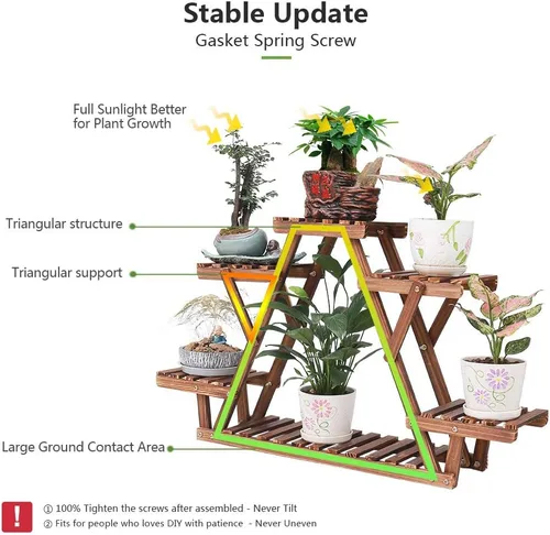 Miniatura 3 de Soporte de madera para plantas para interiores, estante de 6 niveles con forma de triángulo, soporte para macetas de múltiples niveles para patio