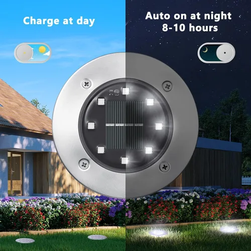 Miniatura 2 de ODEETRONIC Luces solares de tierra, paquete de 12 unidades de 8 luces LED de disco solar, luz impermeable para exteriores, luz redonda de disco
