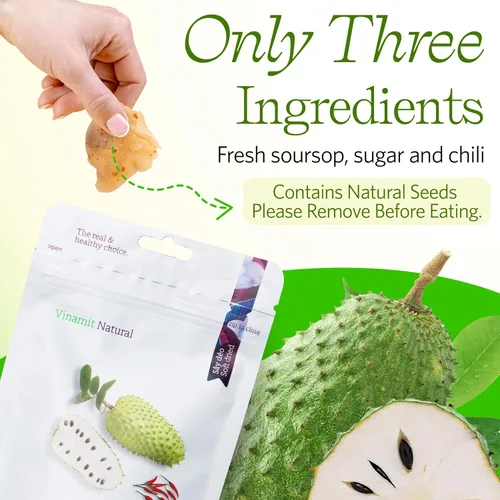 Miniatura 3 de Vinamit Fruta de Guanábana Seca Suave con Chile Bolsa de 3.5 oz Aperitivos de Fruta Exótica Masticables Vegano, Sin Gluten, Sin OMG Alto