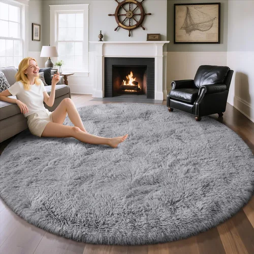 Miniatura 68 de EVOIONOS - Alfombra redonda gris para dormitorio, 5x5 pies; alfombras circulares suaves y esponjosas para sala de estar, alfombras de felpa peludas