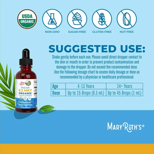 Miniatura 3 de MaryRuth’s Gotas Líquidas de Vitamina K2 MK7 Orgánicas USDA para Adultos y Niños Obtenidas de Natto Menaquinona- 7 Vitamina K2 Vegana