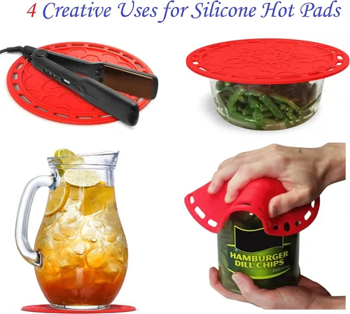 Miniatura 5 de Silicone Hot Pads (juego de 4) - 6 en 1 herramienta de cocina multipropósito, soporte para recipientes, protector de salpicador, cobertor