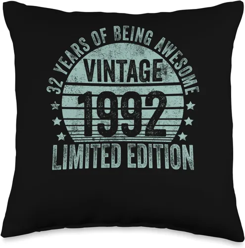 32 Year Old Vintage 1992 Limited Edition Bday Retro 32nd Birthday Gifts Men Women Throw Pillow, 16x16, Multicolor
