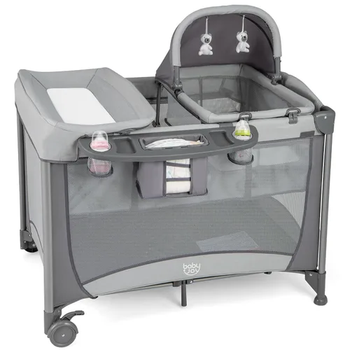 BABY JOY 4 en 1 Pack and Play, corralito portátil para bebé con moisés y mesa cambiadora de pañales, moisés infantil centro de actividades para cuna