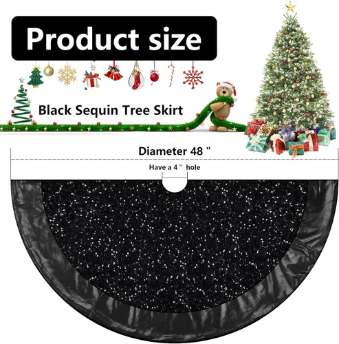 Miniatura 7 de Falda negra para árbol de Navidad de Halloween de 48 pulgadas, falda de árbol grande con purpurina para árbol de 7.5 pies, falda de árbol