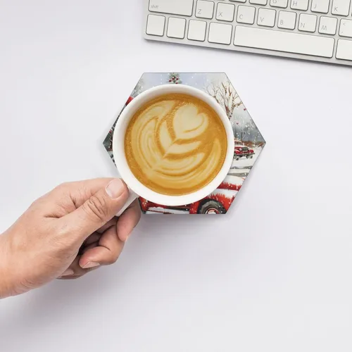 Miniatura 6 de Juego de 4 posavasos de invierno de Navidad para bebidas, camión rojo, árbol de Navidad, posavasos de cerámica absorbentes para mesa de café, bar