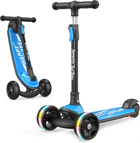 Besrey - Patinete para niños de 3 a 10 años, patinete plegable de 3 ruedas con altura ajustable, ruedas con luz LED, plataforma extra ancha para Azul
