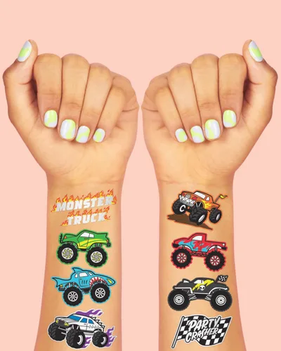 Miniatura 3 de xo, Fetti Monster Truck Party Supplies - Tatuajes temporales - 42 estilos metálicos Camiones, coches grandes, líneas de acabado + llamas