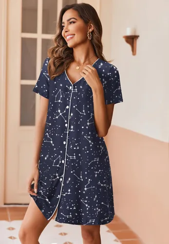 Miniatura 4 de Ekouaer Camisón de manga corta con botones para mujer, camisón suave con cuello en V