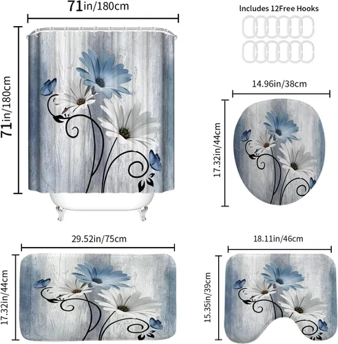 Miniatura 3 de Onalasyc Juego de 4 Piezas de Cortinas de Ducha con Flores de Margaritas Azules y Plantas, Cortina de Ducha y Alfombra y Accesorios, Juego