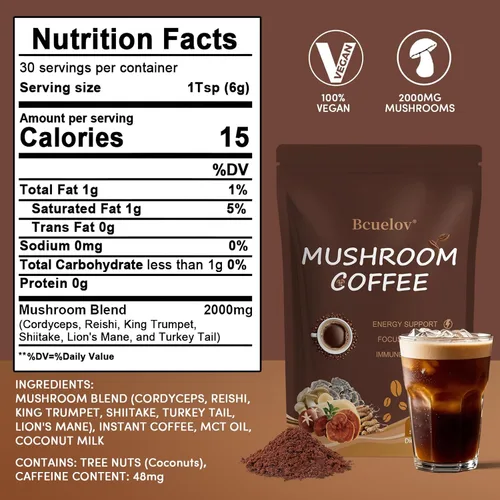 Miniatura 2 de Café de hongos, café instantáneo de hongos en polvo con 6 hongos adaptogénicos (Cordyceps, melena de león, shiitake, cola de pavo) y aceite MCT