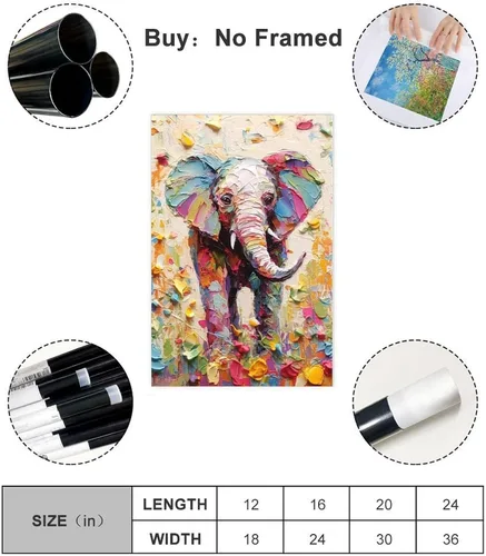 Miniatura 2 de Fyzuf Arte de pared de elefante - Pintura al óleo sobre lienzo, estilo cubismo, estética de elefante colorido, 12 x 18 pulgadas (11.8 x 17.7 in) sin