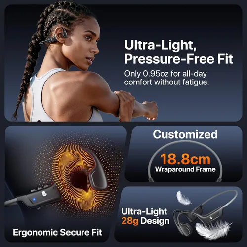Miniatura 3 de Auriculares de conducción ósea, auriculares inalámbricos Bluetooth 5.4 de oído abierto, tiempo de reproducción de 10 horas, auriculares deportivos